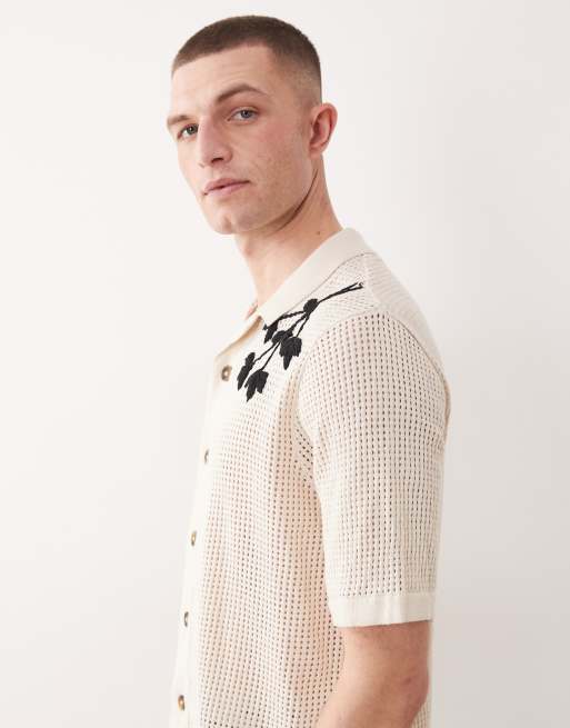 ONLY & SONS open knit crochet shirt with floral embroidery in cream, 4 of 5