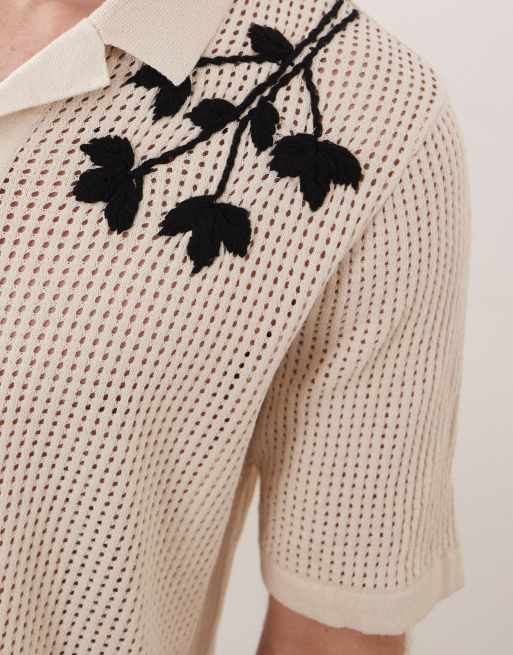 ONLY & SONS open knit crochet shirt with floral embroidery in cream, 5 of 5