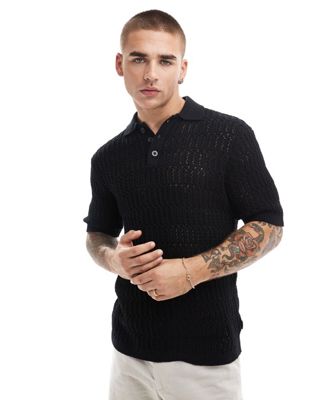 Only & Sons Open Knit Polo In Black