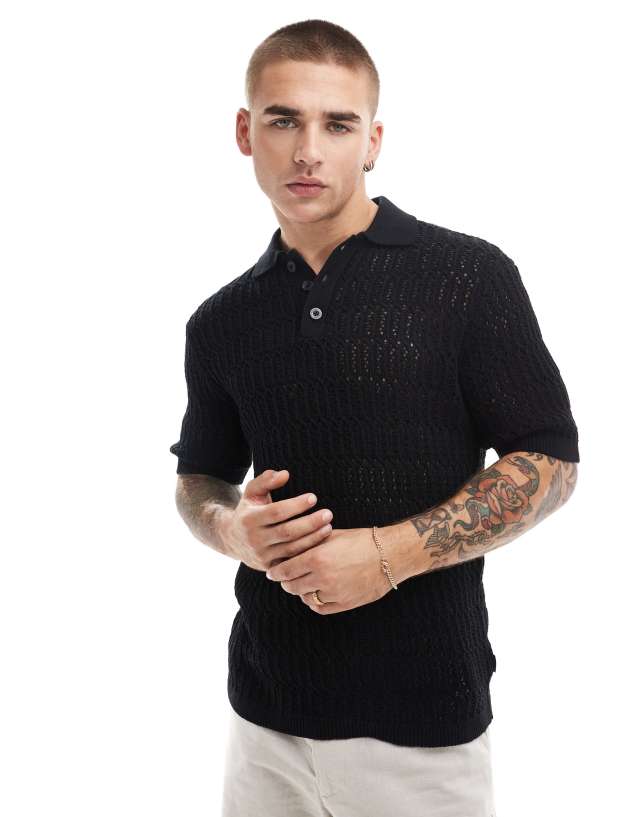 ONLY & SONS - open knit polo in black