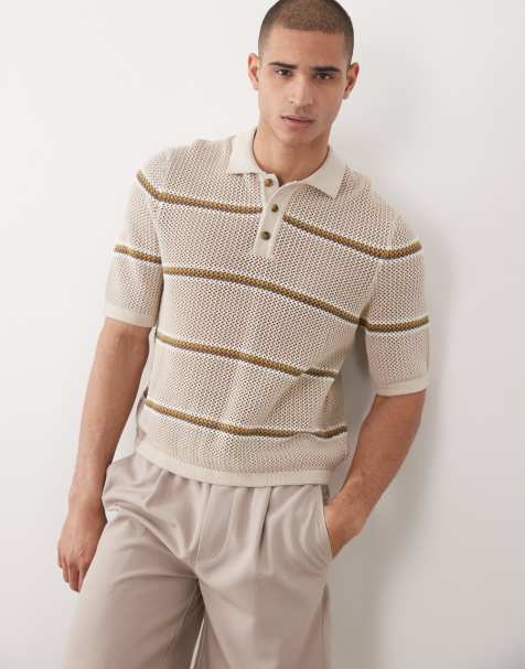 ONLY & SONS open knit relaxed fit shirt in cream with khaki and brown stripe - view 1