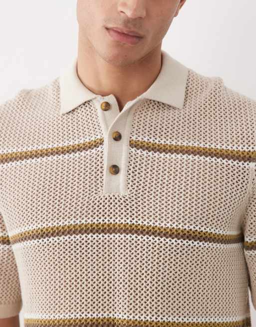 ONLY & SONS open knit relaxed fit shirt in cream with khaki and brown stripe, 3 of 5