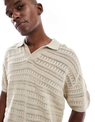 Only & Sons Open Knit Slit Neck Polo Shirt In Green
