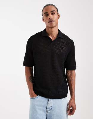 Only & Sons Open Knit Split Neck Polo In Black