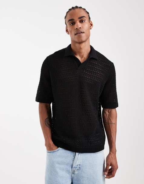 ONLY & SONS open knit split neck polo in black - view 1