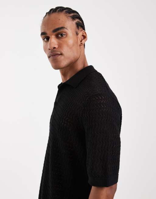 ONLY & SONS open knit split neck polo in black, 4 of 5