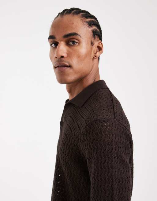 ONLY & SONS open knit split neck polo in chocolate, 4 of 5