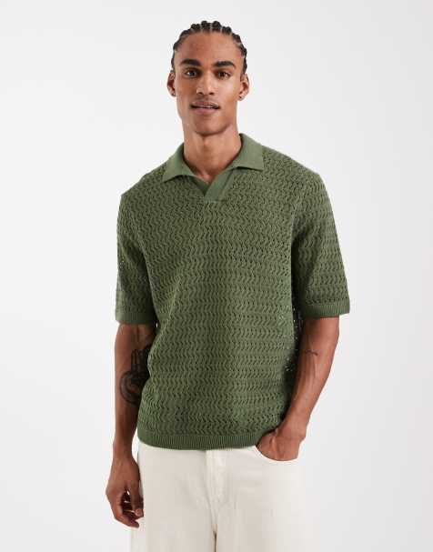 ONLY & SONS open knit split neck polo in khaki