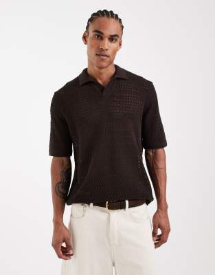 Only & Sons Open Knit Split Neck Polo Shirt In Brown