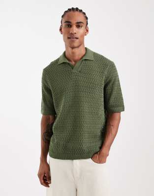 Only & Sons Open Knit Split Neck Polo In Green