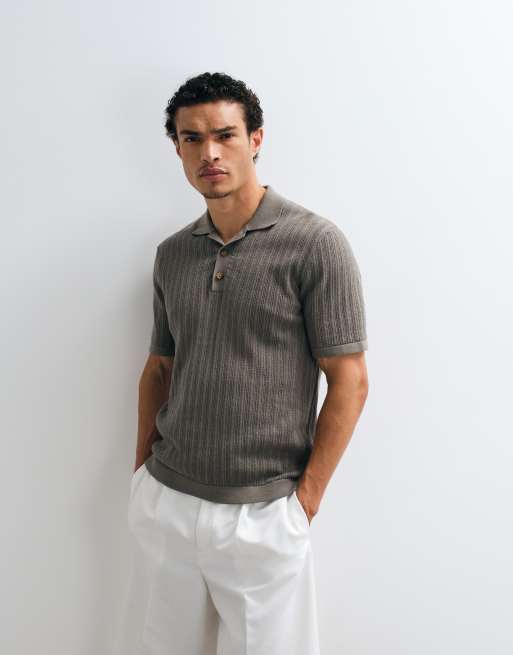 ONLY & SONS - Opengebreide polo in licht kaki, 3 van 7