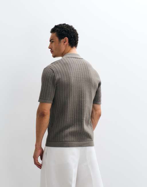 ONLY & SONS - Opengebreide polo in licht kaki, 5 van 7