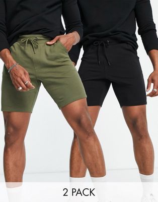 Only & Sons cotton 2 pack jersey shorts in black & khaki - MULTI