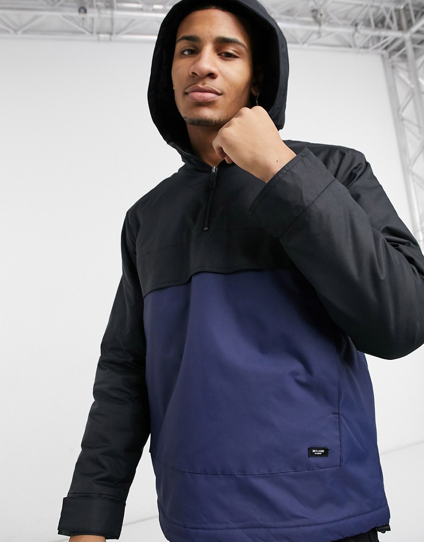 Only & Sons overhead anorak in black and blue color block
