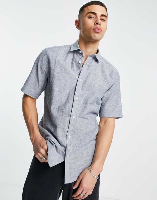 Only & Sons - Overhemd met korte mouwen van linnenblend in marineblauw