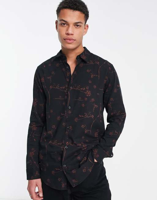 Only & Sons - Overhemd met lange mouwen en bloemenprint in zwart en bruin 