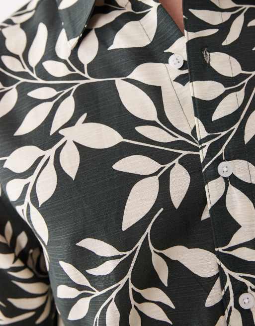ONLY & SONS - Overhemd van linnenmix met korte mouwen en bladprint in donkergroen, 5 van 5