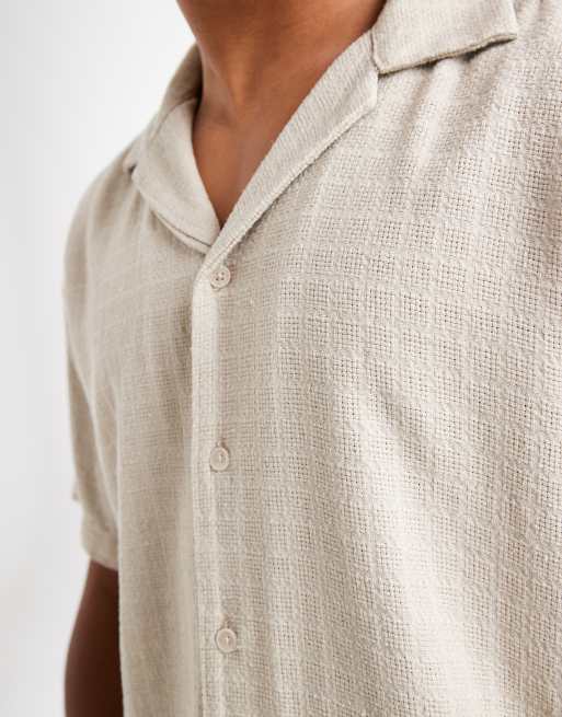 Only & Sons - Overhemd van linnenmix met korte mouwen en textuur in beige, 5 van 5