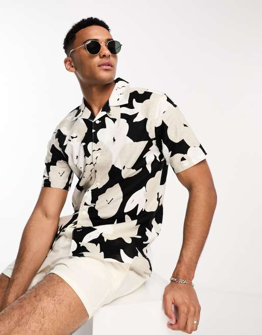 Only & Sons - Overhemd van linnenmix met reverskraag en bloemenprint in beige
