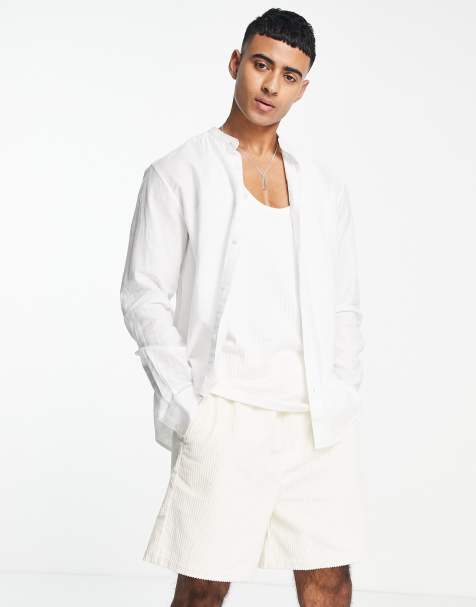 Only & Sons - Overhemd van linnenmix zonder kraag in wit - view 1