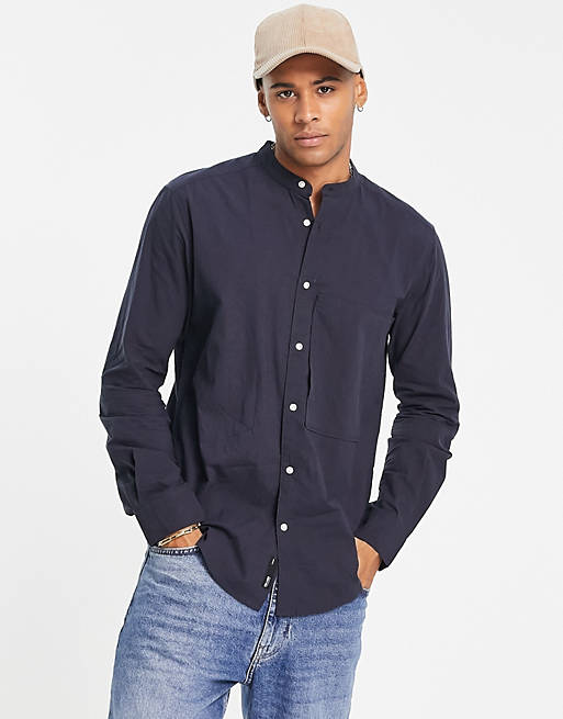 Only & Sons - Overhemd zonder kraag met zak in marineblauw 