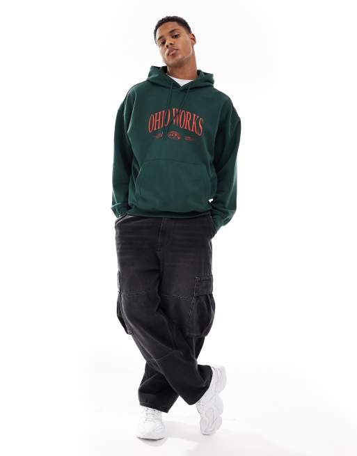 Only & Sons – Oversize-Kapuzenpullover in Dunkelgrün mit „Ohio“-Print
