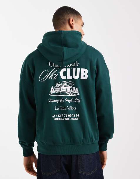 ONLY & SONS – Oversize-Kapuzenpullover in Dunkelgrün mit Ski-Rückenprint - view 1