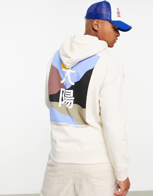 Only & Sons – Oversize-Kapuzenpullover in Weiß mit japanischem Schriftzeichen- und Sonnenuntergang-Print auf dem Rücken