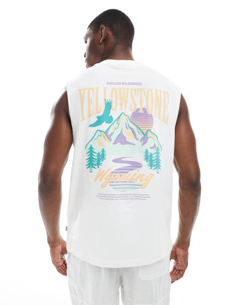 ONLY & SONS oversize singlet with Yellowstone back print in white - view 1