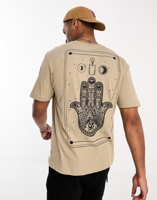 Only & Sons – Oversize-T-Shirt in Beige mit Hamsa-Handprint