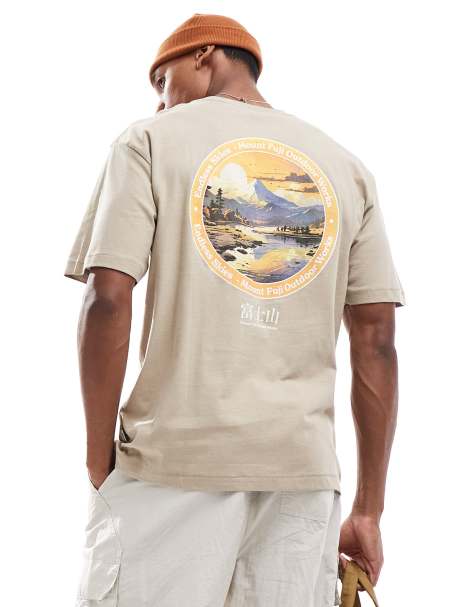 ONLY & SONS – Oversize-T-Shirt in Beige mit Mount-Fuji-Print hinten - view 1