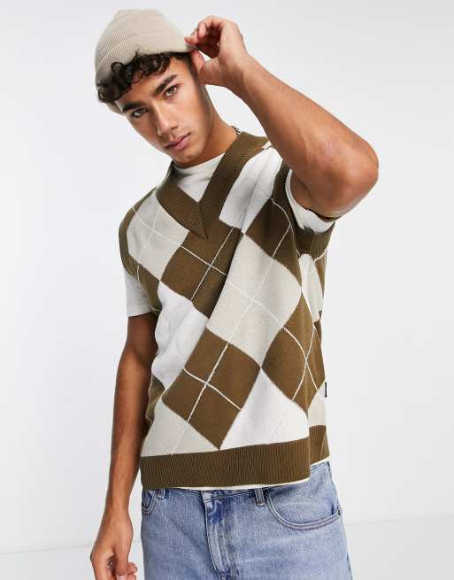 Only & Sons oversized argyle vest in brown