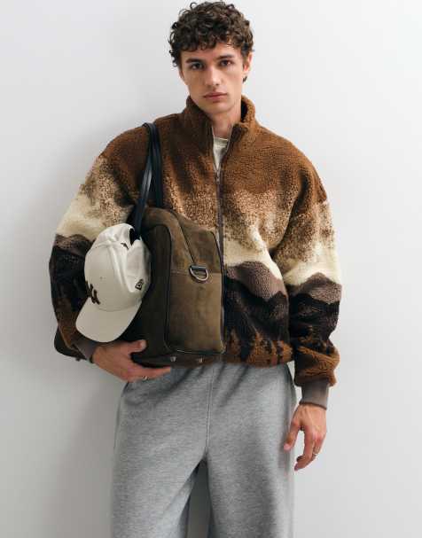 ONLY & SONS oversized bomber fleece with scenic print in brown - view 1