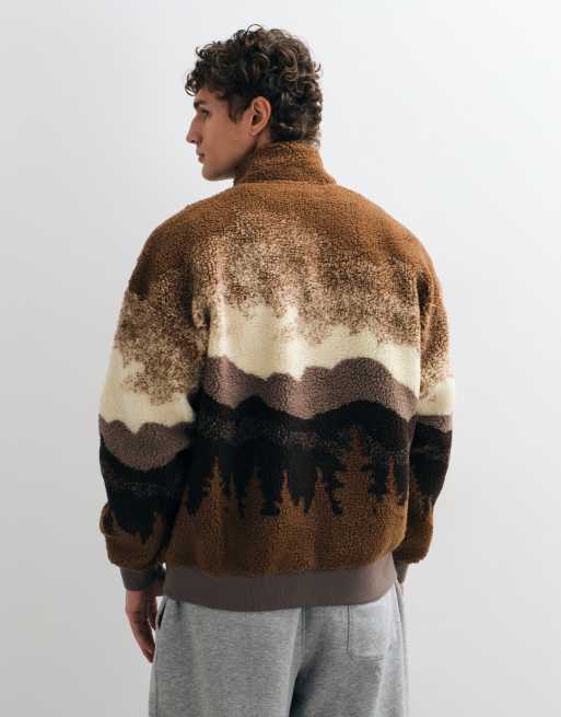 ONLY & SONS oversized bomber fleece with scenic print in brown, 2 of 5