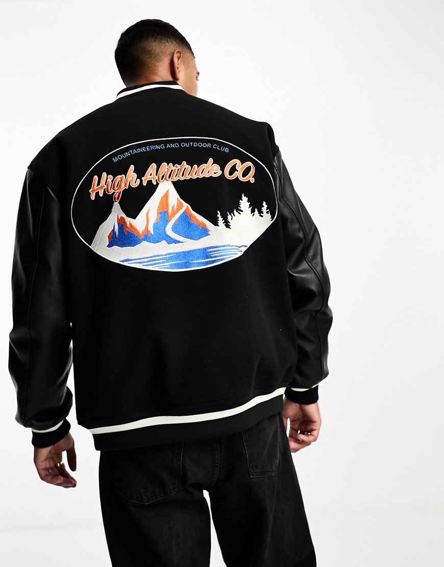 Only & Sons Oversized Bomber Jacket With Mountain Embroidery In Black