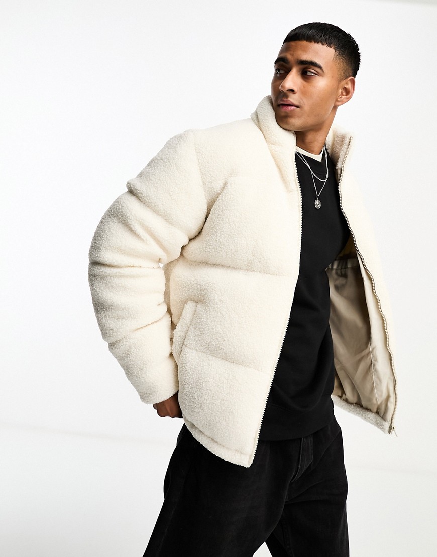 oversized borg puffer jacket in ecru-Neutral