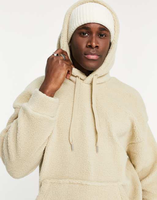 Only & Sons oversized borg teddy hoodie in beige