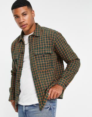 Only & Sons Oversized Check Shirt With Chest Pockets In Green And Orange