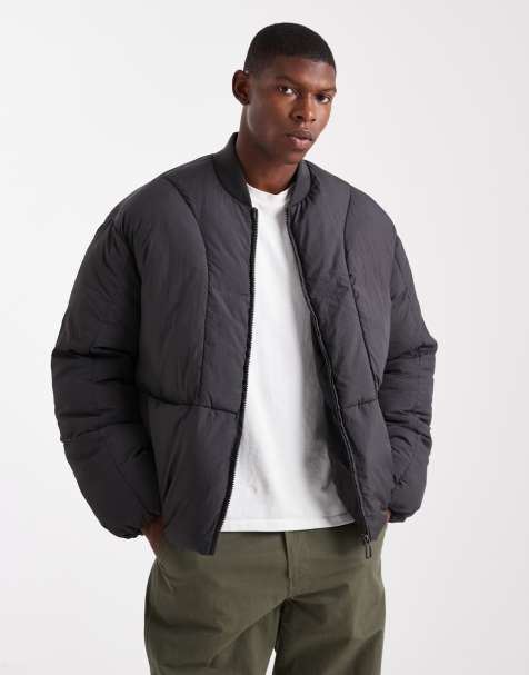 ONLY & SONS oversized concealed pocket puffer jacket in charcoal - view 1