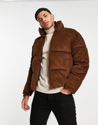 Only & Sons oversized cord puffer jacket in brown