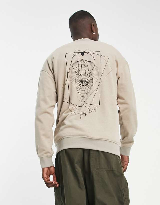 Only & Sons oversized crew neck sweat with hamsa hand back print in beige