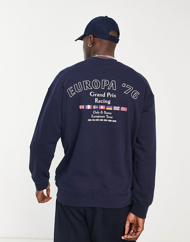Only & Sons oversized crew neck sweatshirt with Europa back print in navy