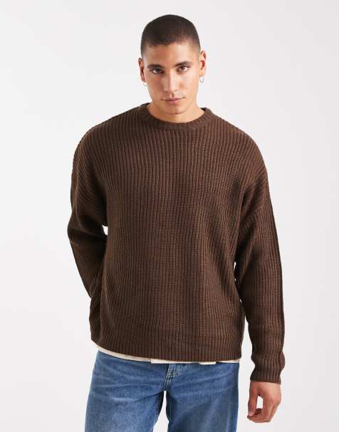 ONLY & SONS oversized fisherman rib knit sweater in dark brown - view 1