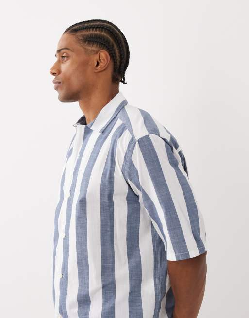 ONLY & SONS oversized fit cotton shirt in blue stripes, 4 of 5