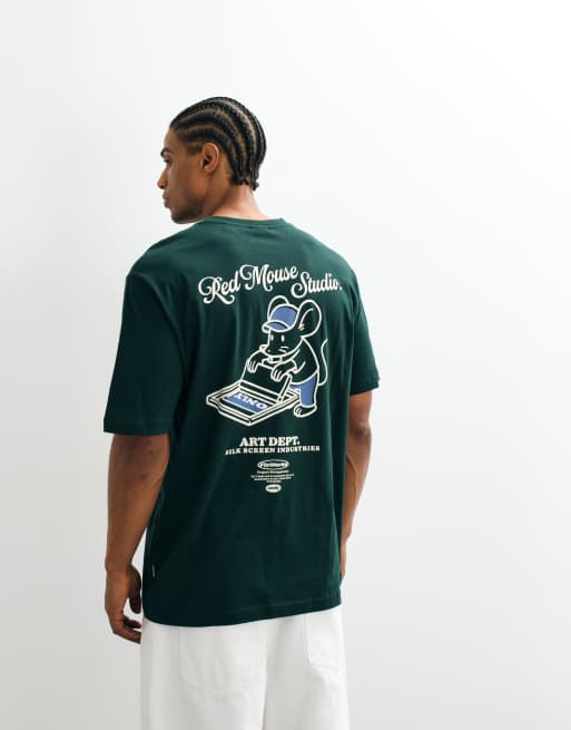 ONLY & SONS oversized fit t-shirt with mouse back print in dark green, 5 of 5