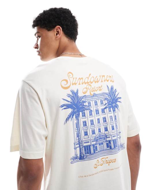 ONLY & SONS - T-shirt met oversized pasvorm en resort-print op de achterkant in crème