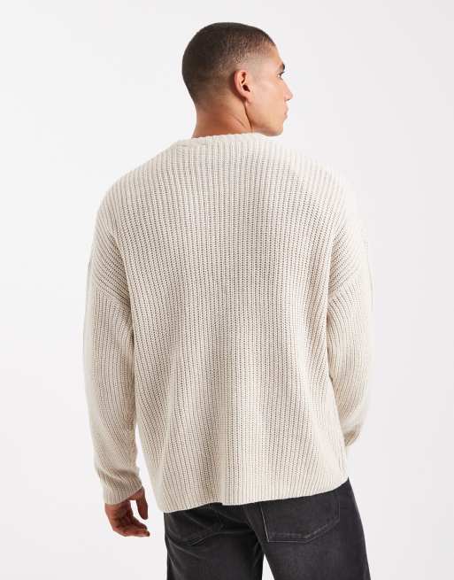 ONLY & SONS - Oversized geribbeld gebreide visserstrui in stone, 3 van 5