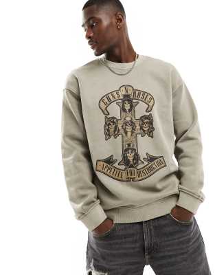 Only & Sons Oversized Guns N' Roses Sweatshirt In Washed Stone-gray