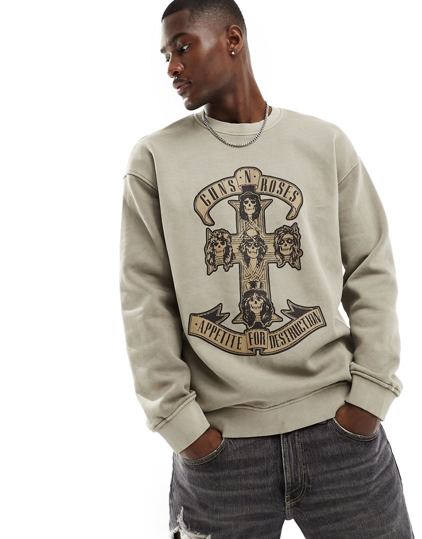 ONLY & SONS oversized Guns’n’Roses sweatshirt in washed stone-Grey
