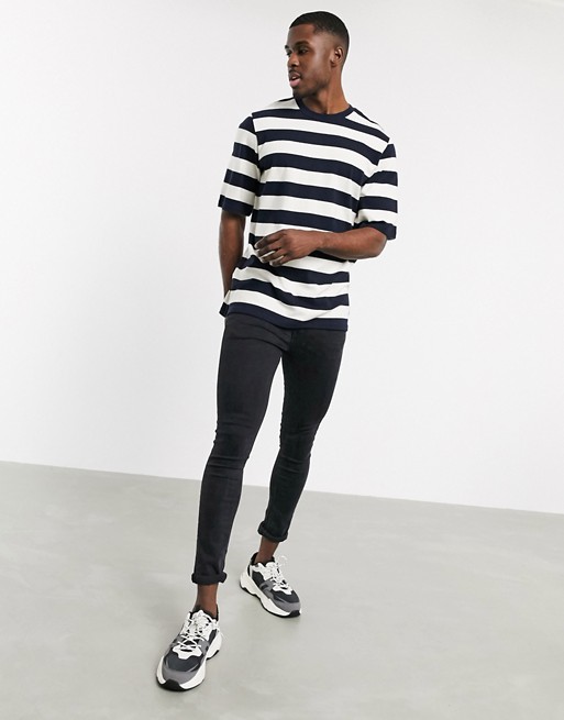 Only & Sons oversized heavy textured stripe t-shirt in navy
